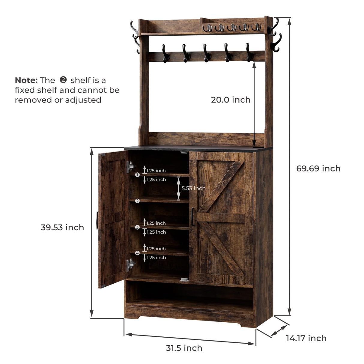 Vantic Farmhouse Hall Tree with Shoe Storage Cabinet, 14 Coat Hooks & 6 Tier Organizer, Rustic Brown Vantic