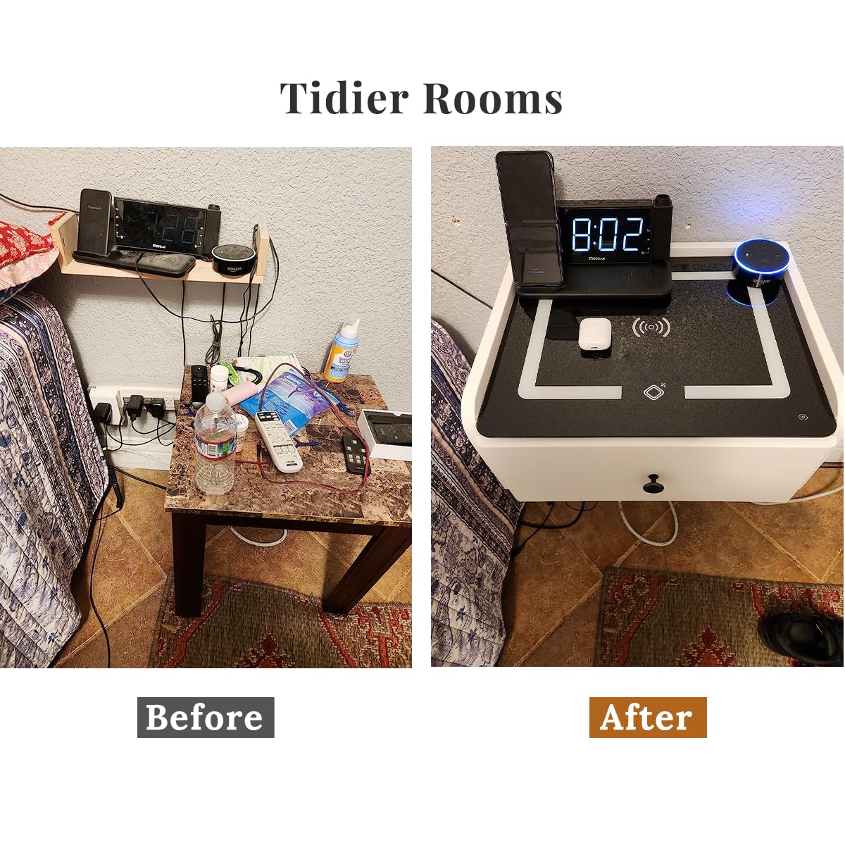 HOMEMORE Floating Nightstand with Charging Station Bedside Table LED Smart Bedside Table Wall Mounted Nightstand White HOMEMORE