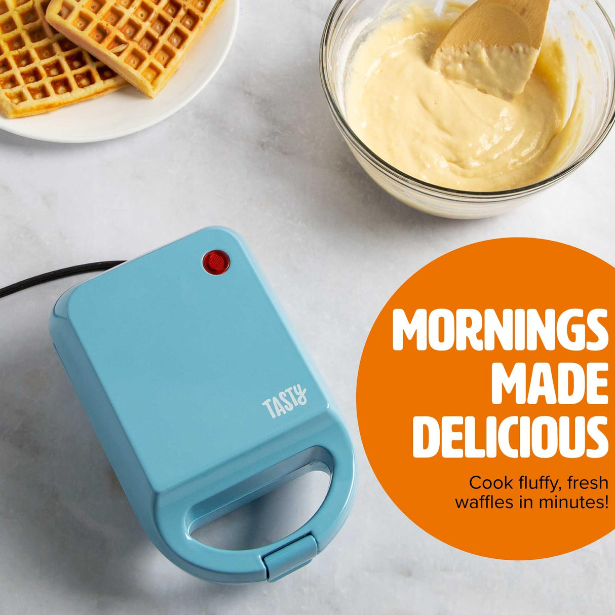 Tasty Mini Nonstick Waffle Maker, Perfect for Individual Waffles, Hash Browns, Brownies and more, Quick Results, Easy Clean Up, 600W, Blue Tasty