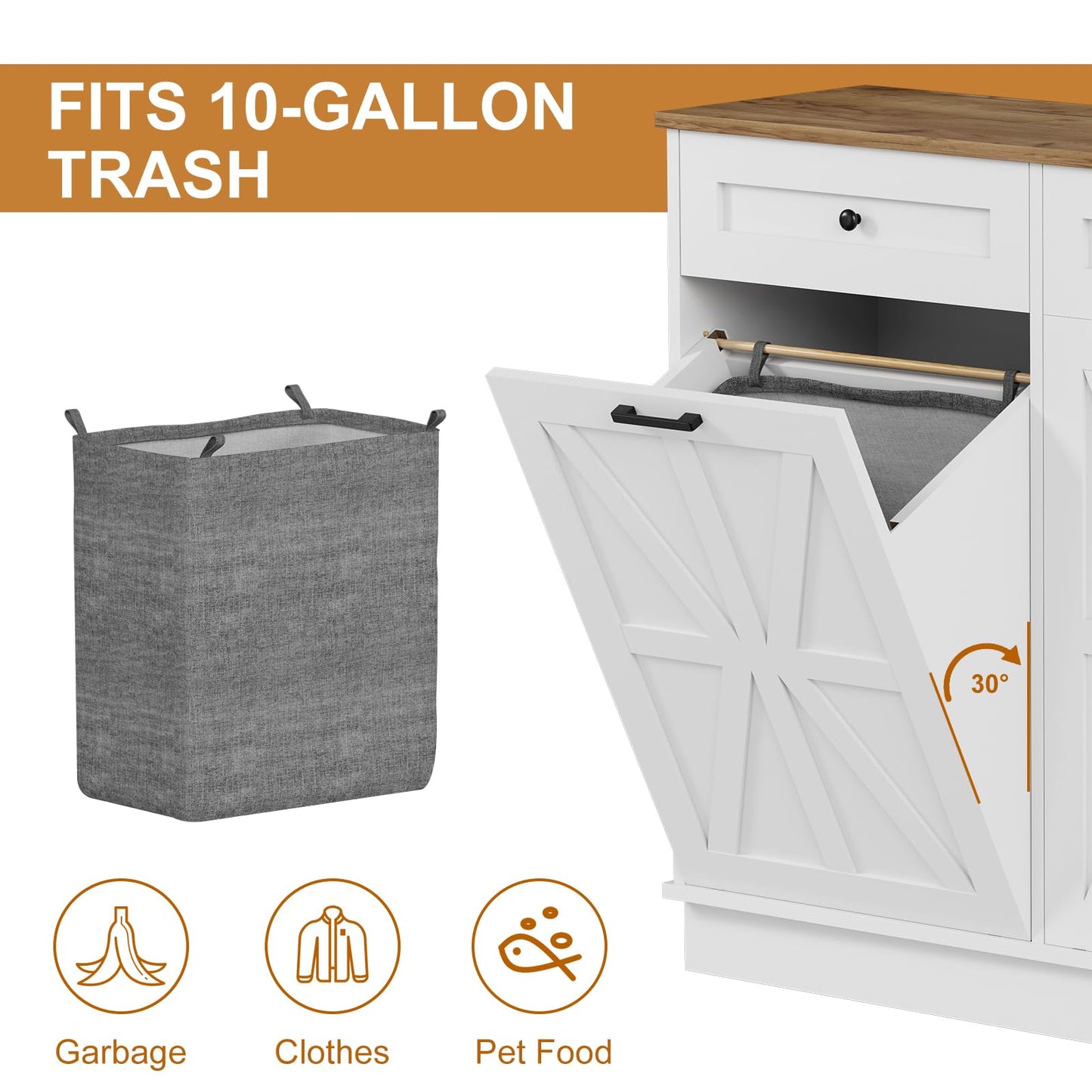 Double Tilt Out Trash Cabinet 20 Gallon,Hidden Wooden Trash Can Cabinet, Farmhouse Laundry Hamper Cabinet with Solid Wood Tabletop & Drawer, Pet Proof Trash Can, Wood Laundry Cabinet