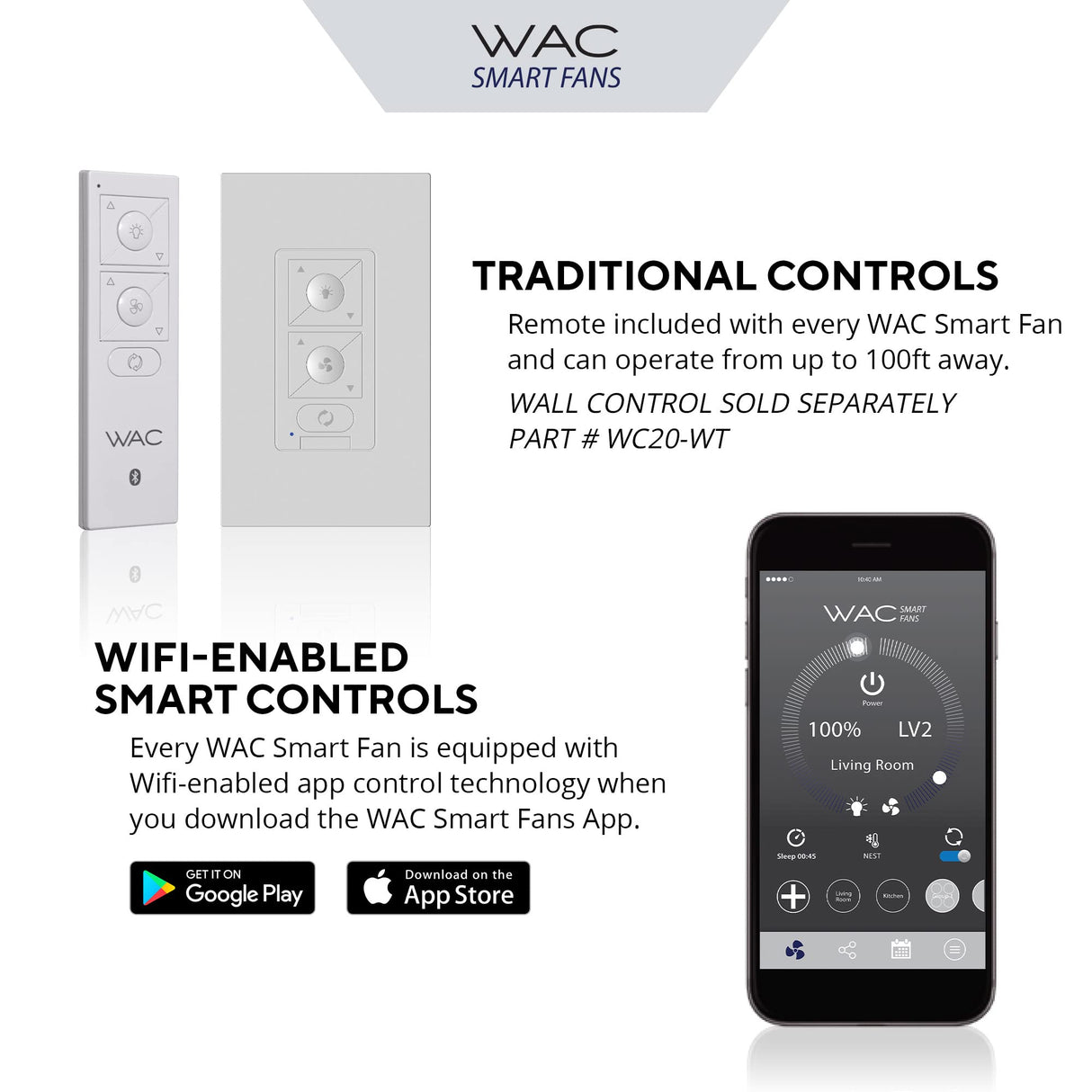 WAC Smart Fans Mocha Indoor and Outdoor 3-Blade Smart Home Ceiling Fan 54in Matte White with 3000K LED Light Kit and Remote Control works with Alexa and iOS or Android App WAC Lighting