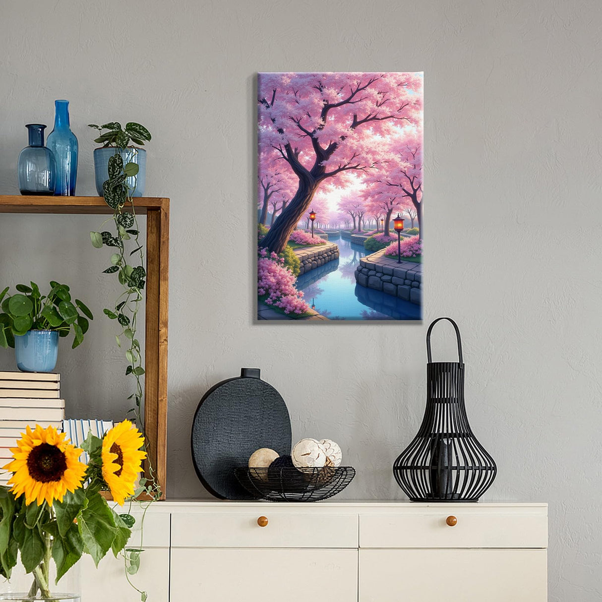 JOOZ Cherry Blossom Paint by Numbers Kit for Adults Framed Lake Paint by Number with Easel DIY Sakura Oil Painting by Numbers Adult Paint by Number Kits on Canvas Framed for Home Wall Decor 8x12 Inch JOOZ