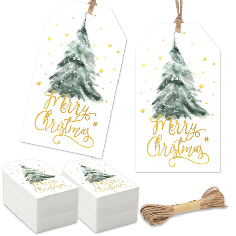 Whaline 100Pcs Merry Christmas Gold Foil Paper Gift Tags Watercolor Pine Tree Blank Hanging Labels with Hemp Rope for Xmas Winter Holiday Present DIY Crafts Whaline