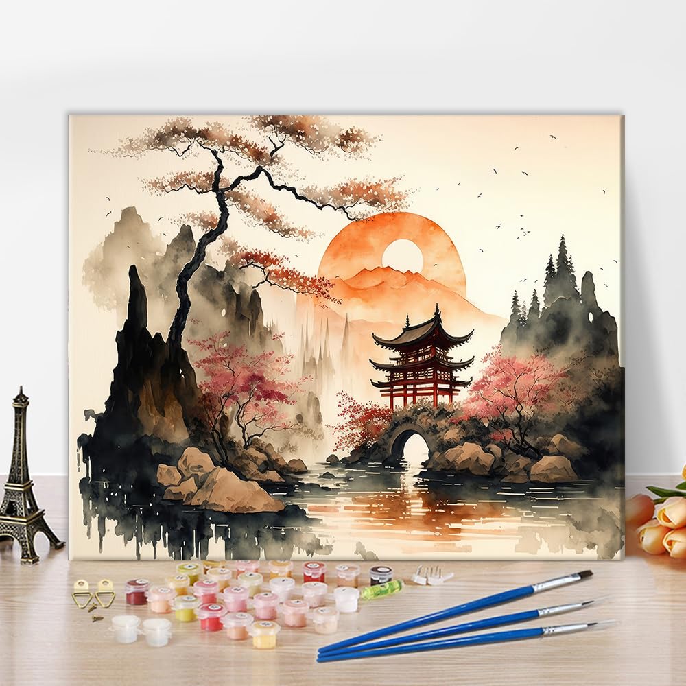 TUMOVO Paint by Numbers Kit for Adults Japanese Landscape Adult Paint by Number with Brushes Japan Garden Painting Oil Paint by Numbers DIY Painting Art Crafts for Home 16x20 in TUMOVO