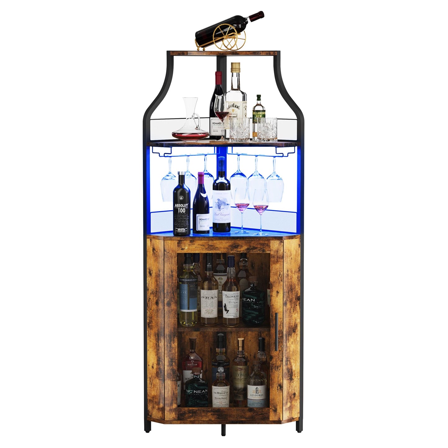 GarveeHome Corner Bar Cabinet with LED Lights, Industrial Liquor Cabinet with Adjustable Shelf, 5-Tier Industrial Wine Cabinet with Glass Holder, Home Bar Cabinet, Coffee Bar Cabinet, Rustic Brown