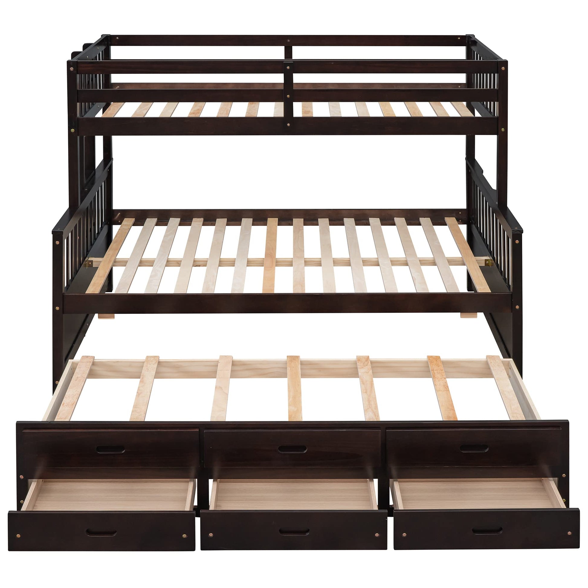 Linique Espresso Twin-Over-Full Bunk Bed with Trundle and 3 Storage Drawers - WoodArtSupply