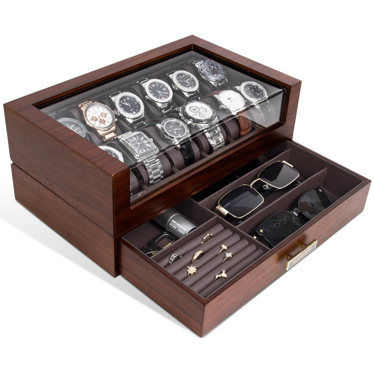 High End Watch Box for Men, 12 Slot Wooden Watch Case With Drawer, Watch Display Box with Glass Lid, 2-Layer Watch Holder for Jewelry and Watch Storage for Men Women , Ideal for Gift (With Gift Box) KAMIER