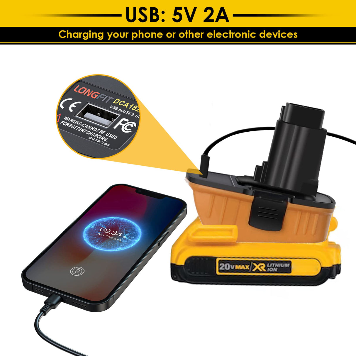 Replace for DeWalt Battery Adapter 18V to 20V DCA1820, Convert 20V Lithium Battery to 18V NiCad & NiMh Battery DC9096 DC9098 DC9099 DW9098 DW9096, with 5V USB Port, for Drills, Sanders and More LONG FIT