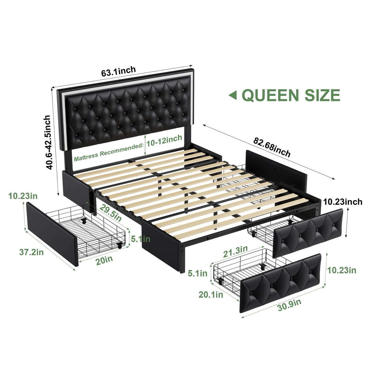Keyluv Queen Upholstered LED Bed Frame with 4 Storage Drawers and Adjustable Tufted Headboard, Black Keyluv