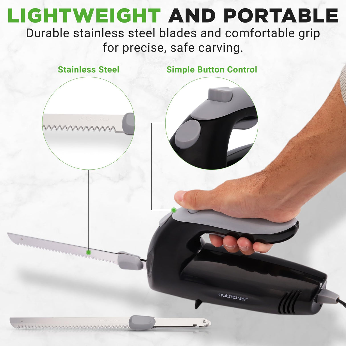 NutriChef Upgraded Premium Electric Knife - 8.9" Carving Knife, Serrated Blades, Lightweight, Ergonomic Design Easy Grip, Easy Blade Removal, Great For Thanksgiving, Meat & Cheese, Black - PKELKN8 NutriChef