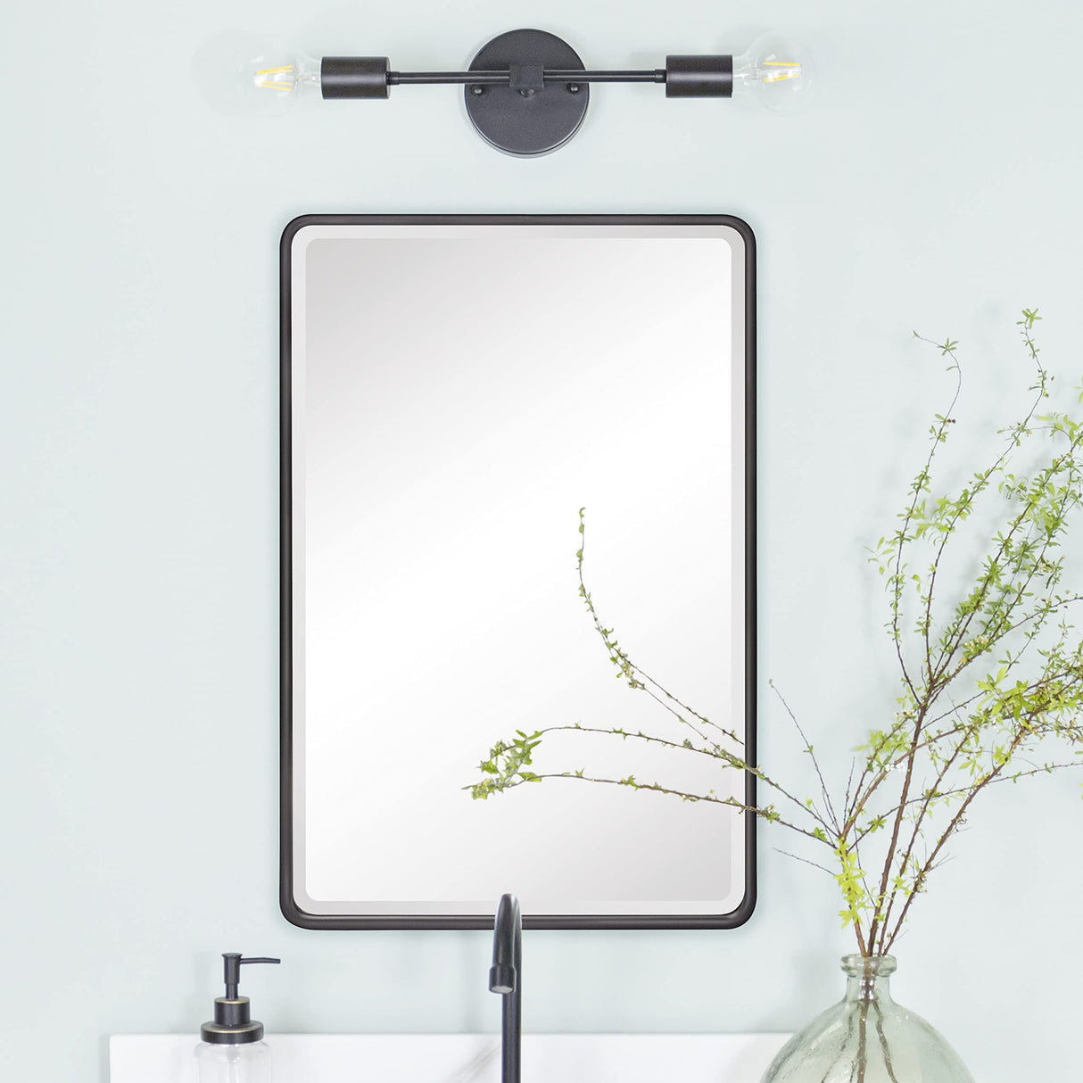 TEHOME Farmhouse Black Metal Framed Recessed Bathroom Medicine Cabinet with Beveled Mirror Rounded Rectangle Bathroom Medicine Cabinet 16x24 inch TEHOME