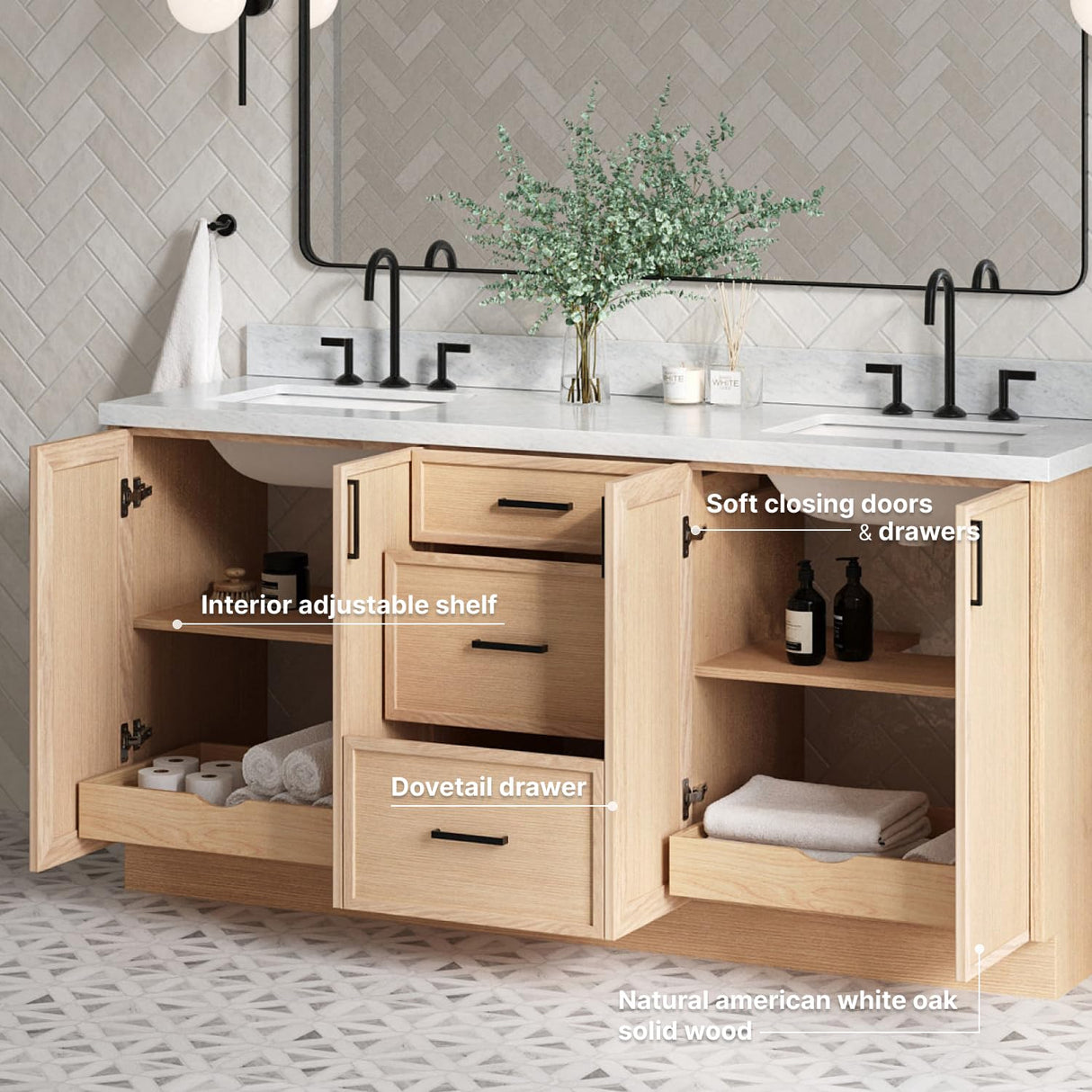 ARIEL Kelly 72 Double inch Bathroom Vanity Without Sink in White Oak, Bathroom Base Cabinet ARIEL