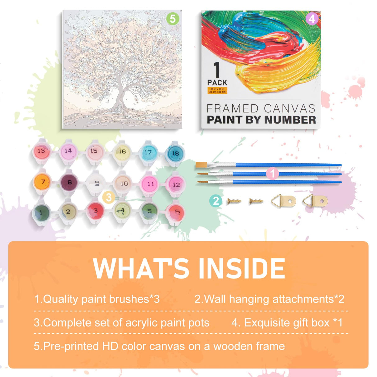 Framed Paint by Numbers Kit for Adults Beginners & Kids Ages 8-12, Tree of Life Acrylic Easy Paint by Number with Frame, Watercolor Paint by Number Kits on Canvas Framed (10 * 10 Inch, Without Easel) Offito