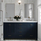 ARIEL Cambridge 72" Midnight Blue Double Vanity, 1.5" Edge Carrara White Quartz Countertop & Splash, Rectangular Sinks, 4 Soft Closing Doors, 6 Full Extension Dovetail Drawers, Satin Brass ARIEL