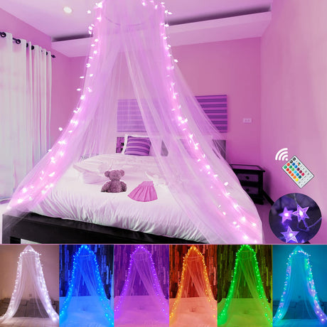 Obrecis Bed Canopy with LED Star Lights, Princess Canopy Bed Curtain with 18 Colors Changing String Lights Remote Timer for Girls Bedroom, Pink Red Blue White Dome Canopy for Twin to King Size Bed Obrecis