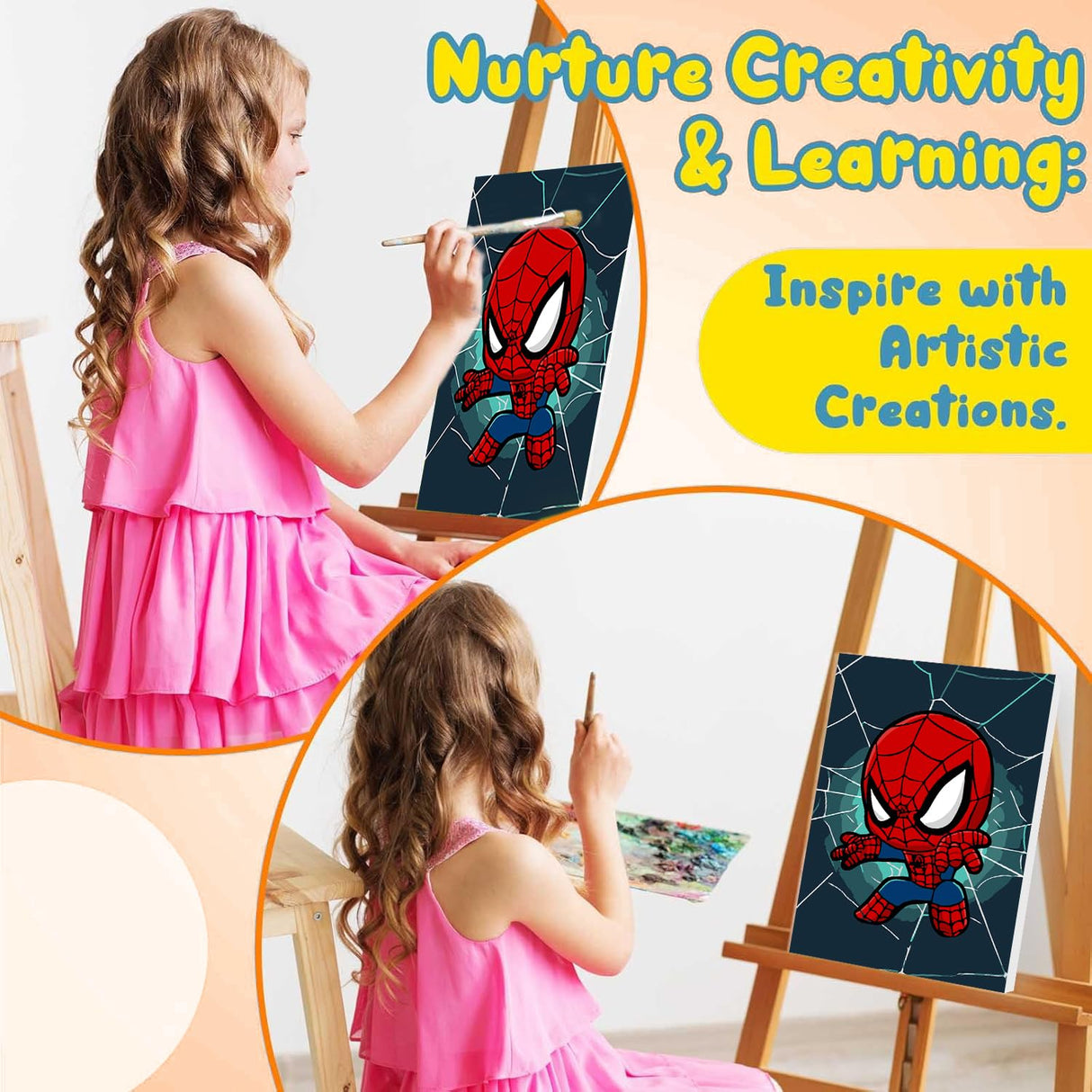 Cartoon Paint by Numbers Kit for Kids with Framed Canvas - with Wooden Easel, Easy Kids Paint by Number Kits Age 8-12, DIY Acrylic Oil Painting Kits with 4 Wooden Brushes Nice Gift Box (12x16 inch) KOJEFCV