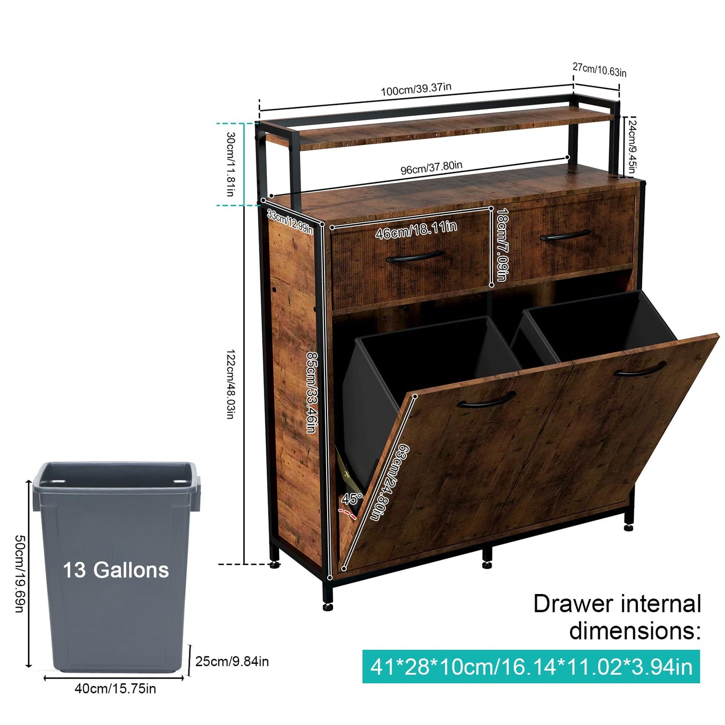 HSSZXFR Tilt Out Trash Cabinet, Dual Kitchen Trash Cabinet Pull Out, Wooden Trash Can Cabinet with 2 Drawers and Shelf, Garbage and Recycle Bin Combo Cabinet for Kitchen 13 Gallons - WoodArtSupply