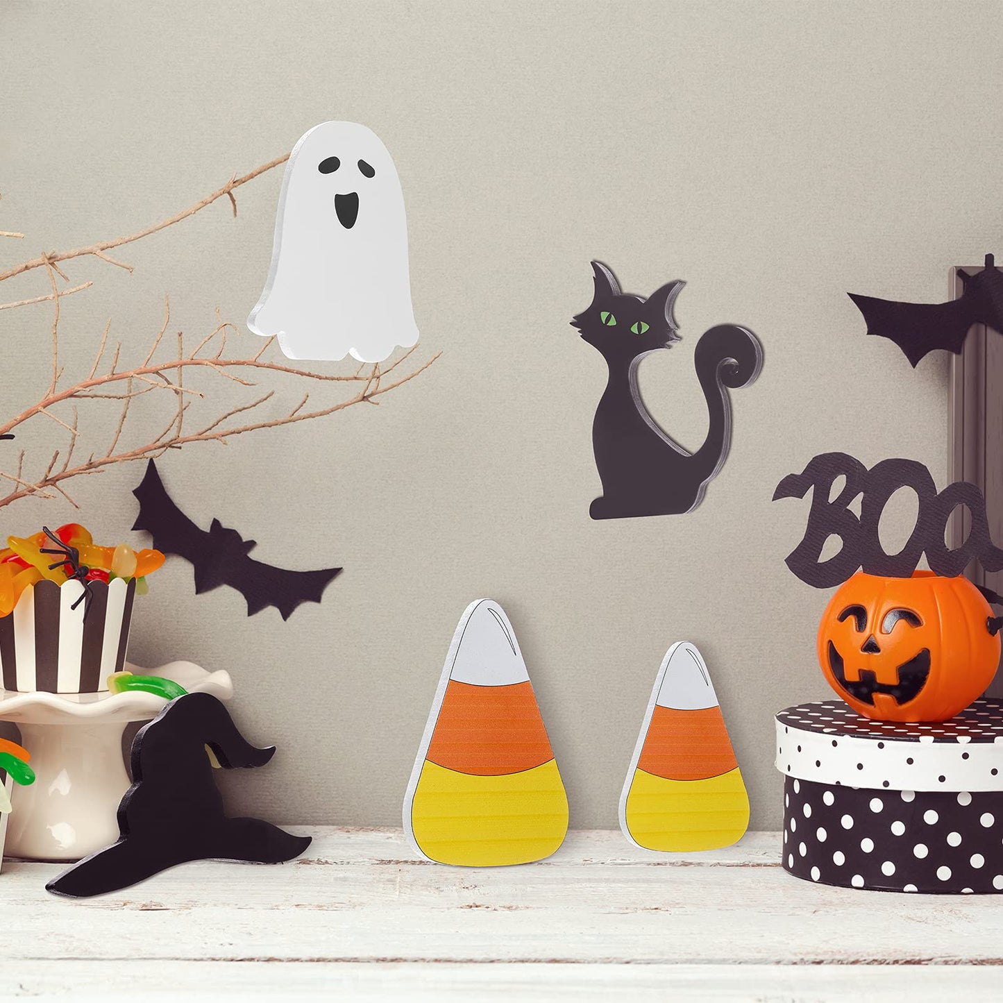 Yalikop 5 Pcs Halloween Table Centerpieces Ghost Black Cat Witch Hat Candy Corn Wooden Tiered Tray Sign Standing Tabletop Signs for Halloween Home Rustic Farmhouse Decor - WoodArtSupply