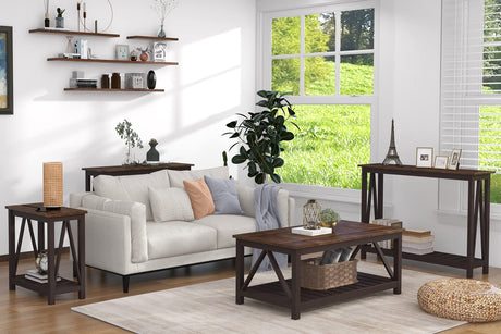 ChooChoo Farmhouse Coffee Table, Rustic Vintage Living Room Table with Shelf, 40 Espresso ChooChoo