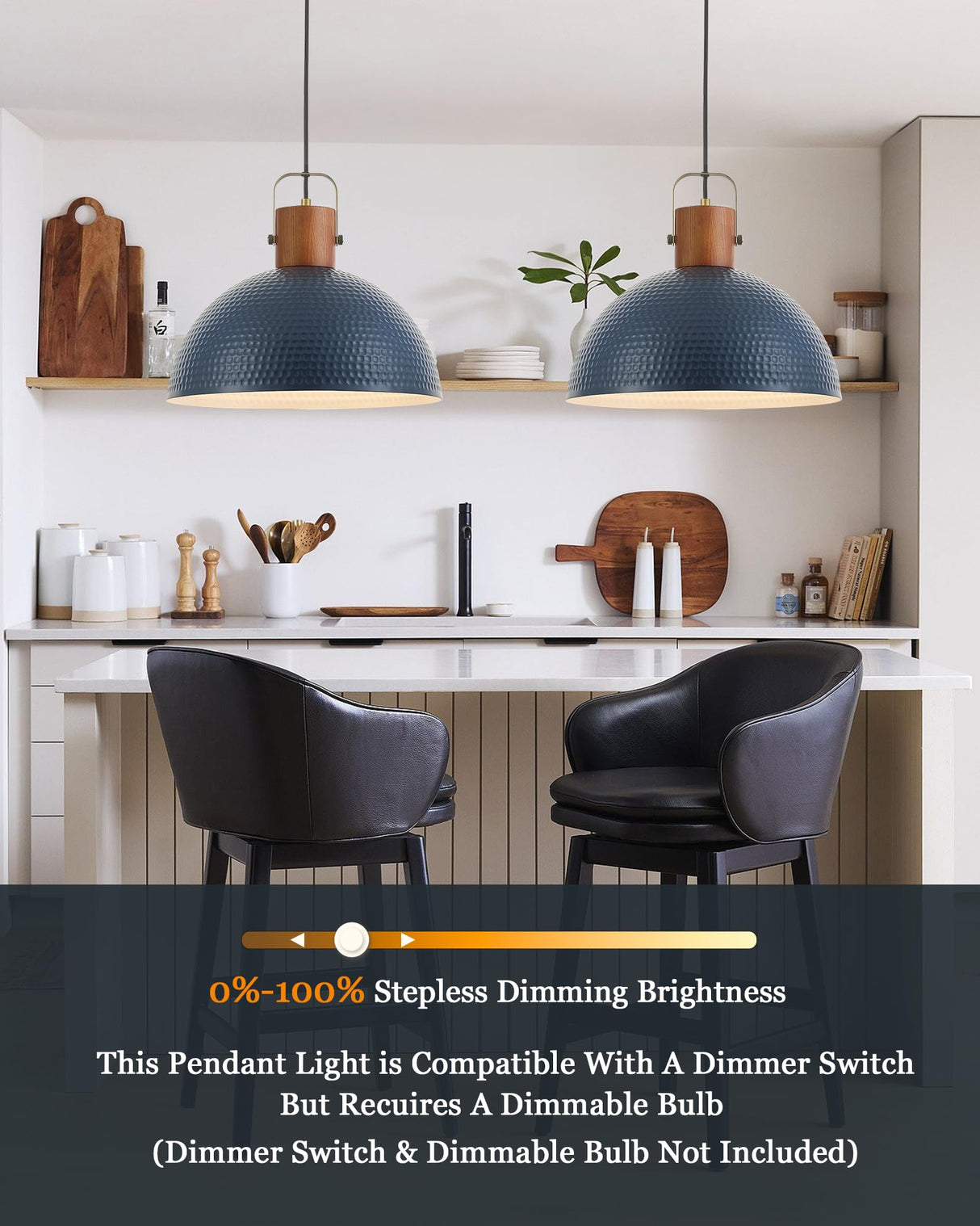 ELYONA 16” Large Ash Wood Pendant Light with Hammered Blue Metal & Brushed Brass Handle Large Pendant Light Fixtures Modern Dome Hanging Lamp for Kitchen Island, Dining Table, Bedroom, Hallway ELYONA