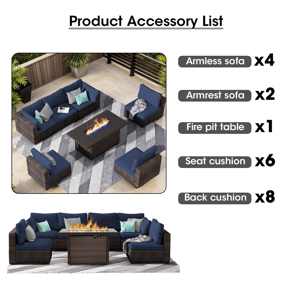 gaildon 7 Piece Patio Furniture Set with 42" Fire Pit Table Outdoor Sectional Conversation Sofa Set with Coffee Table and Comfortable Cushions, Blue gaildon