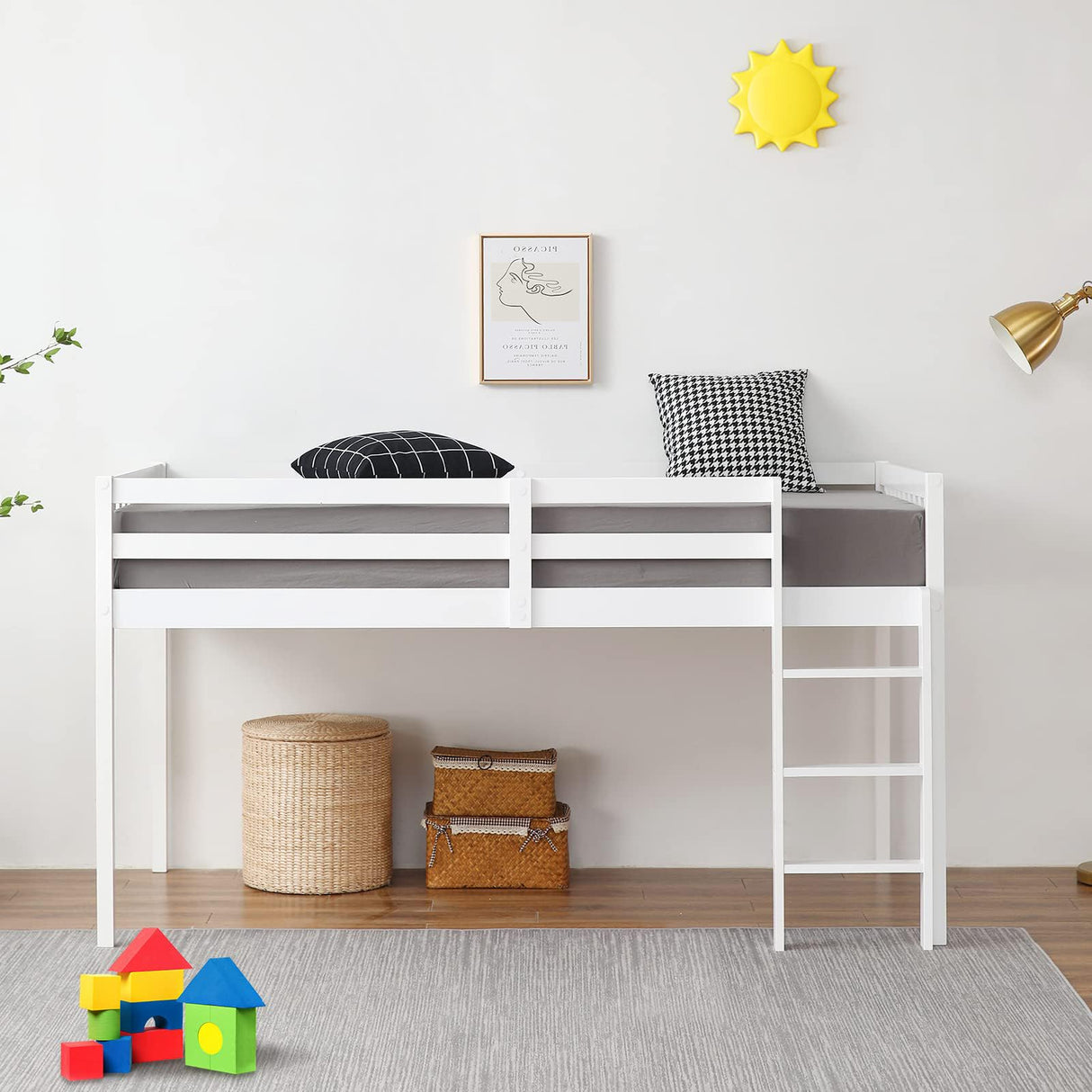 JOYMOR Low Loft Bed Twin Size, Wood Loft Bed Frame for Kids Junior Adults with Full-Length Guardrail and Ladder (Low Loft) JOYMOR