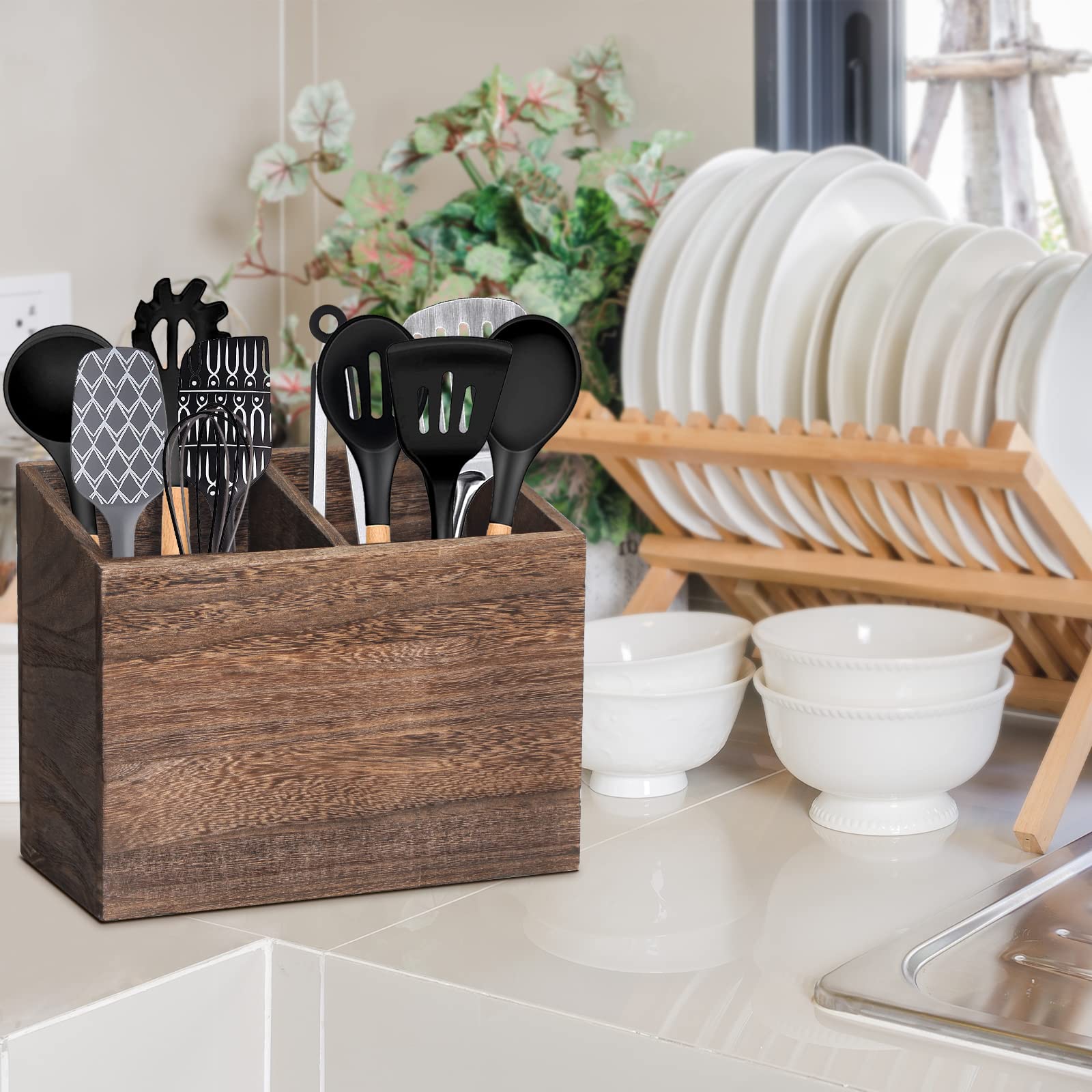 Wooden Kitchen Utensil Caddy With 2 Compartments, Rustic Kitchen Utensil Holder for Kitchen Countertop, Wood Utensil Crock Organizer Box for Farmhouse Kitchen Decor (brown) - WoodArtSupply