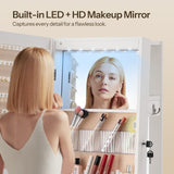 HOOBRO LED Lockable Jewelry Cabinet, Jewelry Organizer on Wheels, Standing Jewelry Armoire, Frameless Full-Length Mirror 4 Storage Shelves Foldable Makeup Tray Jewelry Cabinet Armoire, White WT06JC04 HOOBRO