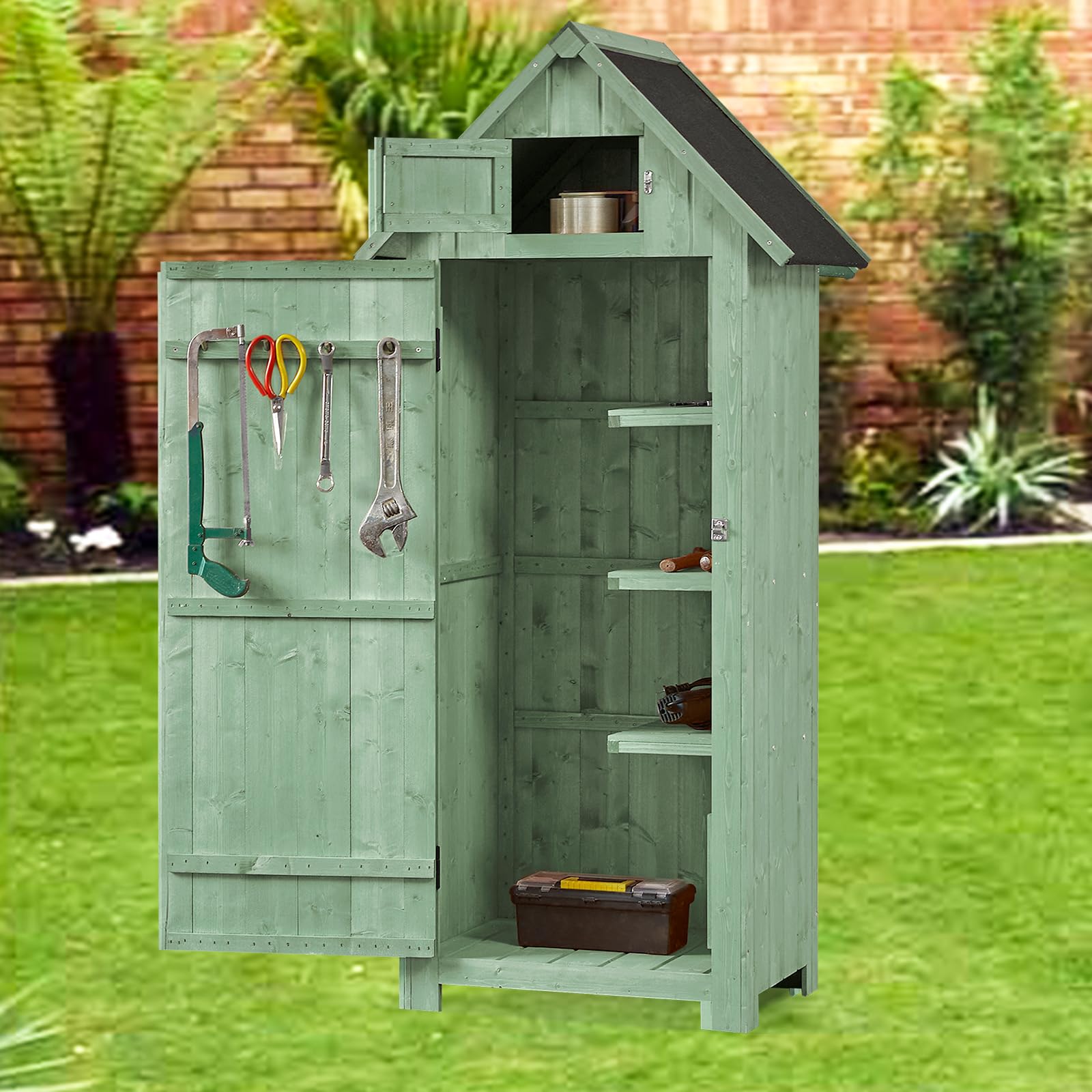 Shed Outdoor Storage Cabinet, Wood Garden Sheds with Floor, Outside Tool Outhouse Organizer with Waterproof Roof, Shelves and Lockable Door for Patio Hallway and Backyard (Green) - WoodArtSupply