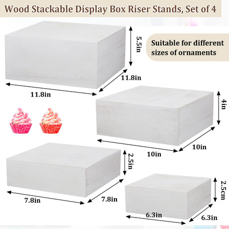 Roowest Set of 4 Wood Display Risers Rustic Cupcake Stand Rustic Wood Cake Stands Wooden Stackable Display Box for Dessert Wedding Birthday Christmas Village Party Decoration(Vintage White) Roowest