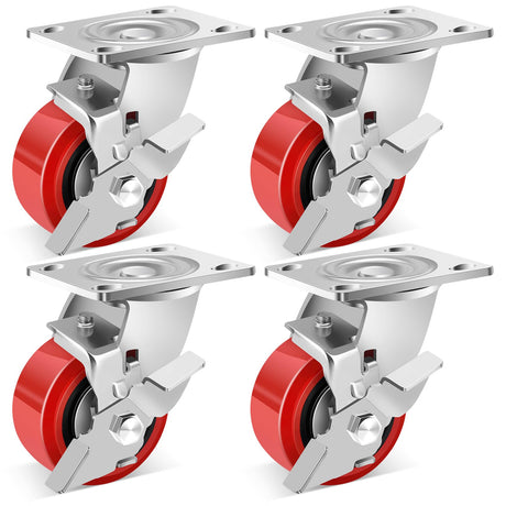 Nefish 4 Inch Heavy Duty Casters Wheels, Industrial Grade Polyurethane Casters Set of 4 with Dual Ball Bearing, Solid Polyurethane Wheel 2500 Lb, Plate Swivel Casters for Cart, Industrial, Machine Nefish