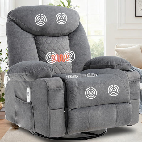 KCREAM Recliner Chair,Rocking Chair with Massage & Heat, 360° Swivel Rocking Chair for Adults, Manual Rocker Recliner with Cup Holders for Living Room, Bedroom, Nursery,Light Gray KCREAM