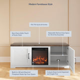 BELLEZE Modern 58" Farmhouse TV Stand with 18" Electric Fireplace Heater & Media Entertainment Center for TV up to 65", Console Table with Storage Cabinets - Hilo (White) BELLEZE