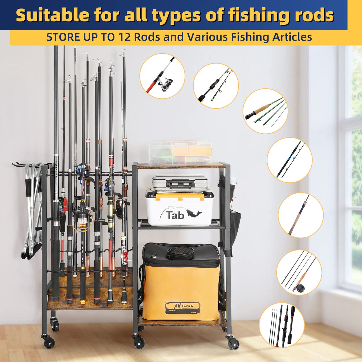 Olakee Fishing Rod Holders for Garage - Fishing Pole Holders up to 12 Rods, Fishing Gear Equipment Organizers Rod Tackle Cart for Home Entryway Corner Olakee