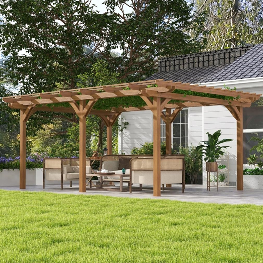 Maotifeys 16 x 12 ft Wood Pergola Quality Solid Wood Gazebo Pavilion for Backyard Deck Patio Outdoor Large Pergola Grape Trellis Grill Gazebo, Strong Sturcture,Snow and Wind Supported (Brown) Maotifeys