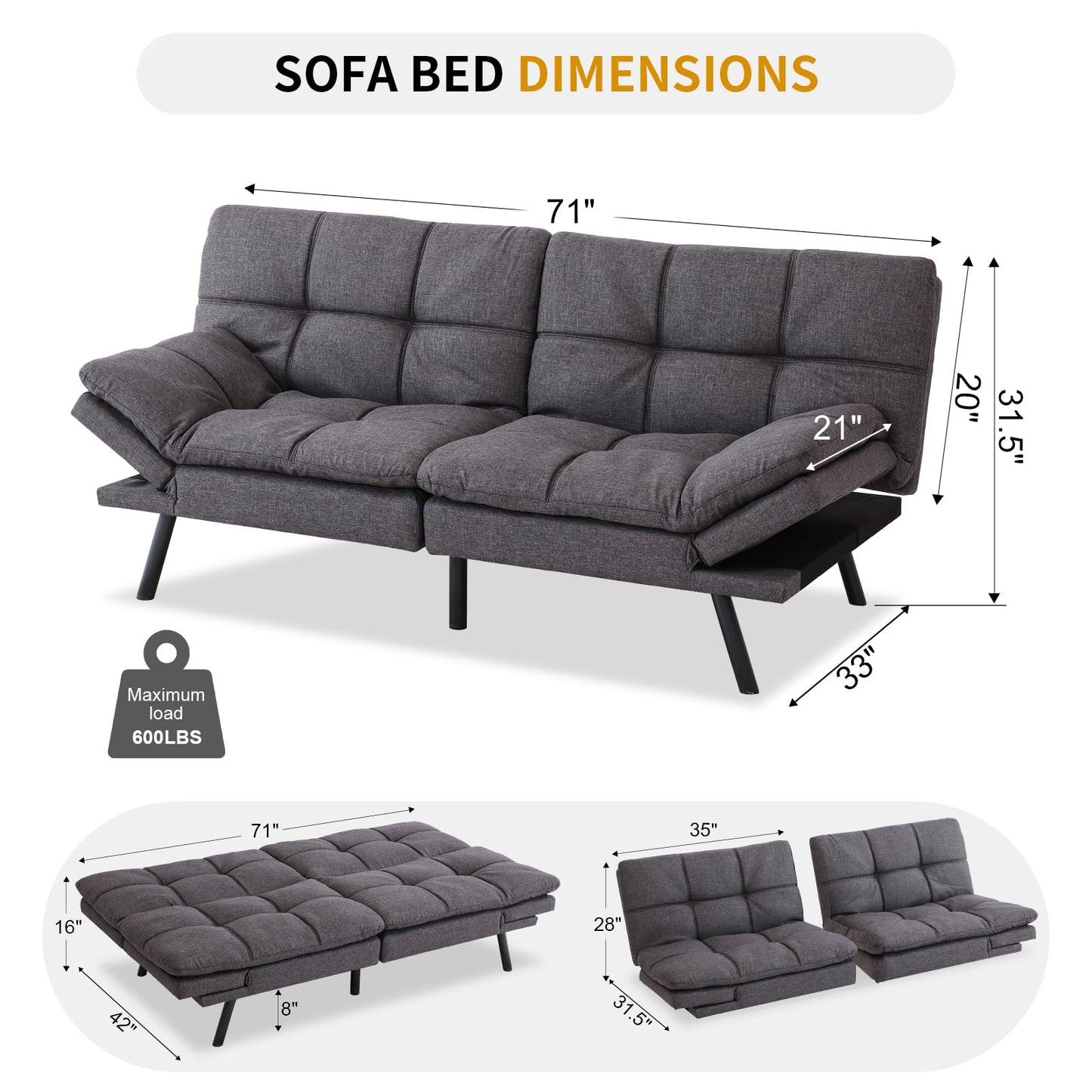 MUUEGM Futon Sofa Couch Bed, Convertible Memory Foam Futons Couch Bed, Adjustable Backrests Armrests Couch Bed Sleeper,Modern Love Seat Daybed Sofa for Living Room,Small Space,Office,71", Lin - WoodArtSupply