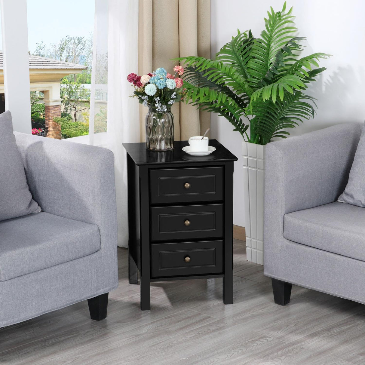 Yaheetech Bedside Table Set of 2, Nightstand with 3 Drawer and Solid Wood Legs, Accent Night Stand with Storage Cabinet for Bedroom Home Office, 16″ L × 16″ W × 24″ H, Black Yaheetech