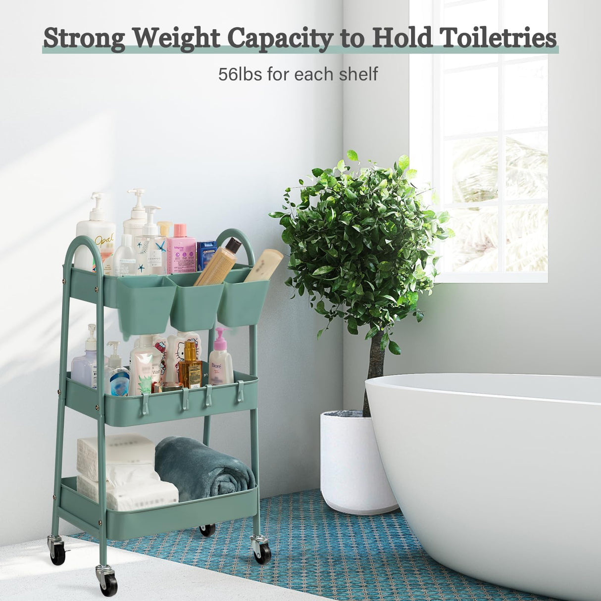 danpinera 3-Tier Rolling Cart, Metal Rolling Storage Cart with Lockable Wheels & Hanging Cups & Hooks, Mobile Trolley Cart for Kitchen, Bathroom, Office, Workshop, Green danpinera