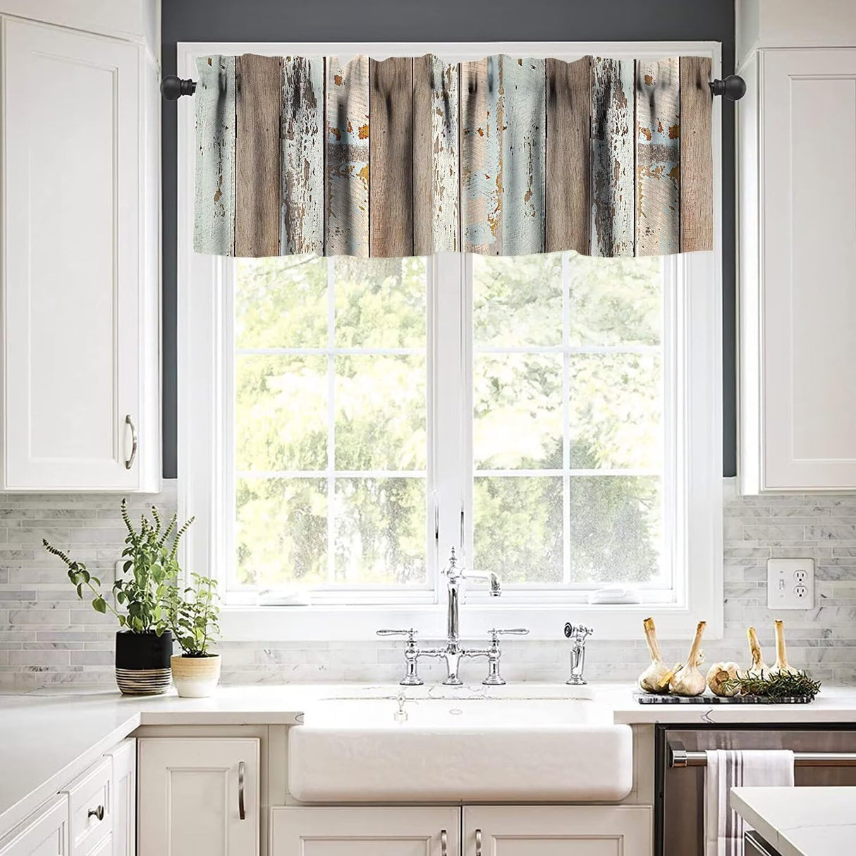 JESTRONRY Rustic Wood Kitchen Valances Window Curtain, Brown Wooden Blue Wood Plank Wall Board Window Treatment Valances for Bedroom Kitchen Decor with Rod Pocket JESTRONRY