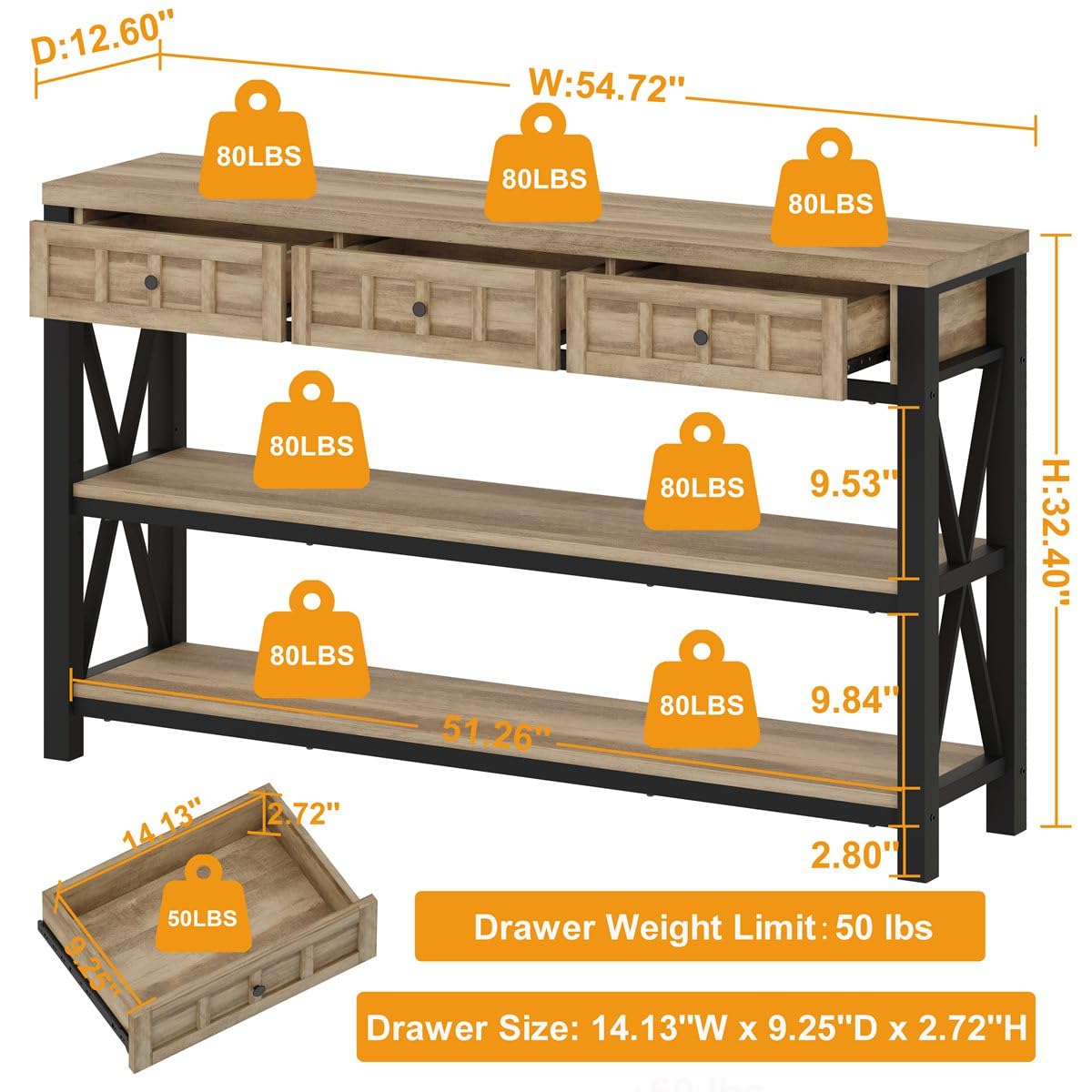 FATORRI Rustic Oak Industrial Console Table with 3 Drawers and Ample Storage