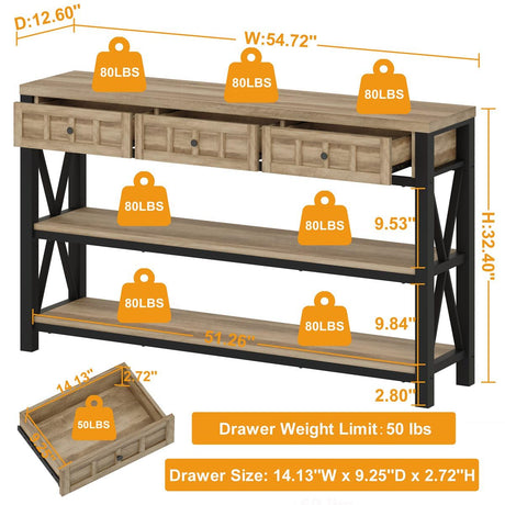 FATORRI Rustic Oak Industrial Console Table with 3 Drawers and Ample Storage FATORRI