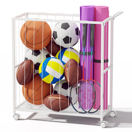Homsorout Ball Storage Bin Rolling Sports Ball Cart, Metal Garage Organizer Sport Rack, Ball Basket Storage, Ball Cage for Garage or Gym, Indoor & Outdoor Sports Equipment Organizer white Homsorout