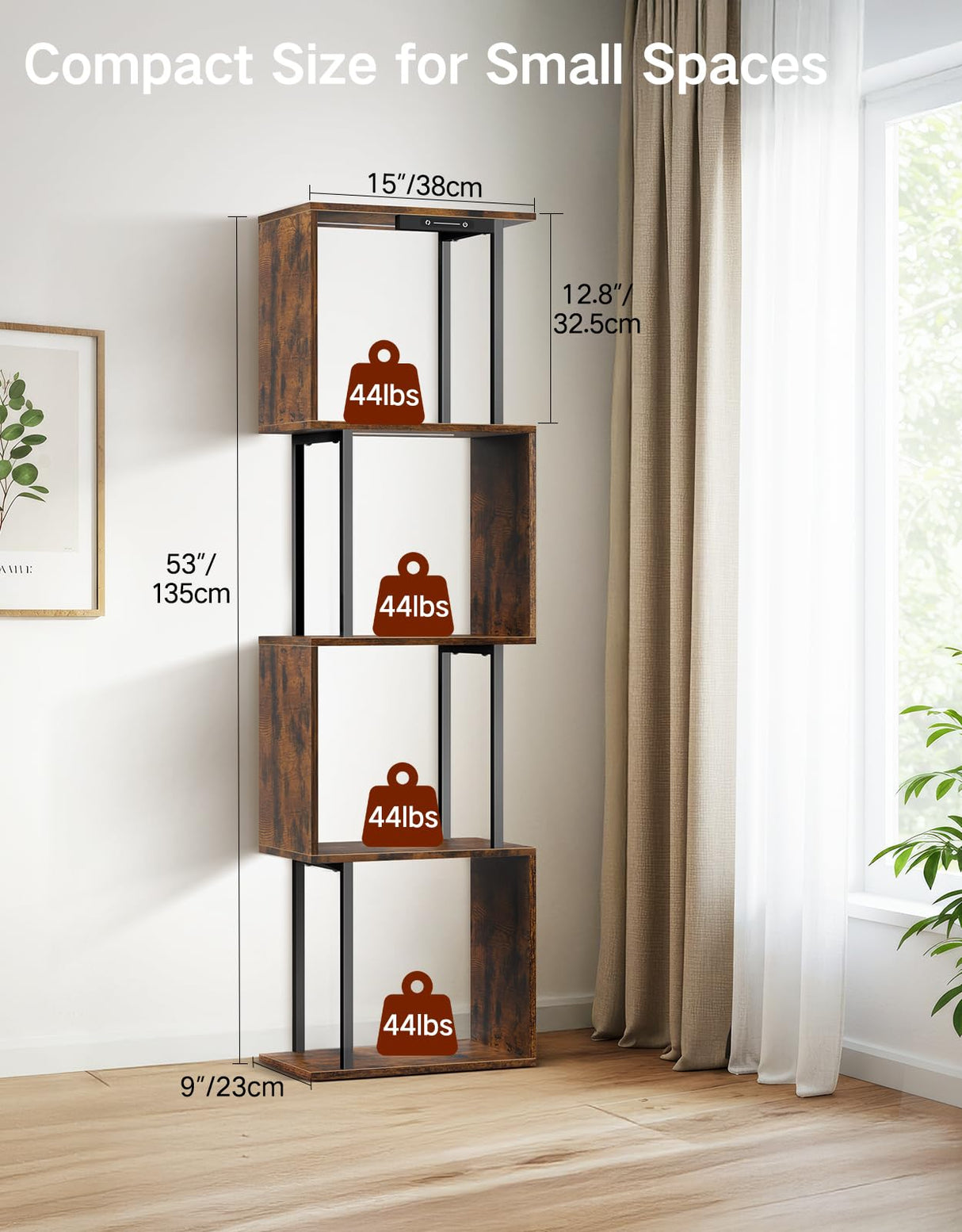 OUTONLIFE 5 Tier S-Shaped Geometric Bookshelf with LED Light, 3 Color Temperatures, Touch & Remote Control, Dimmable Standing Bookcase, Small Display Shelf for Living Room, Bedroom, Office OUTONLIFE