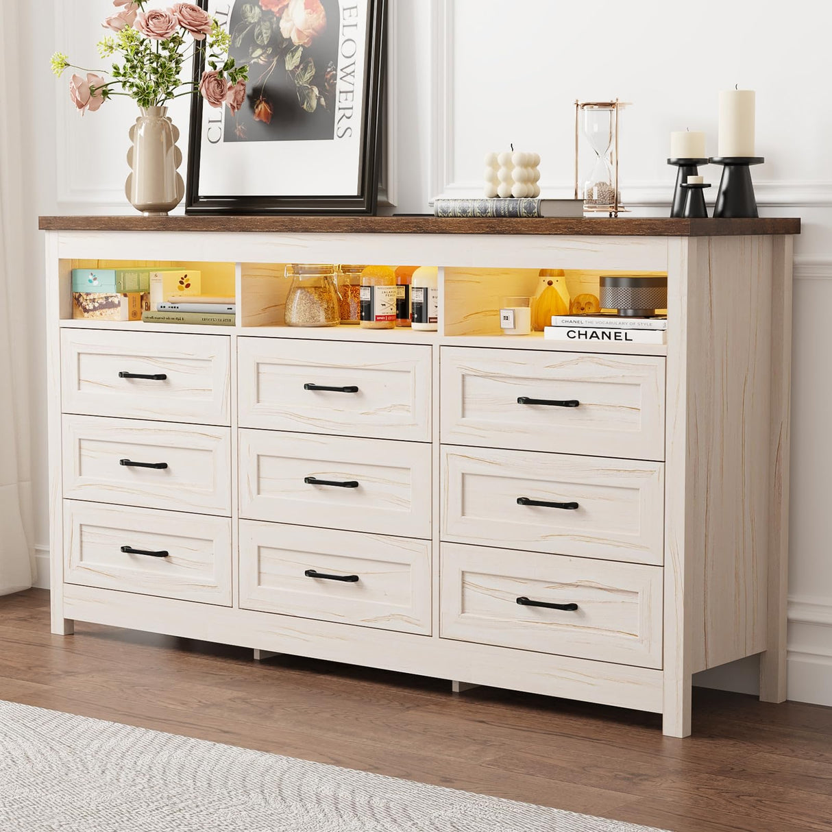 Hlivelood Farmhouse 9 Drawer Dresser with LED Lights, 63" Wide Large Chest of Drawers for Bedroom, Modern Wood Dresser Storage Organizer with Charging Station for Living Room, Bedroom, Hallway, Beige Hlivelood