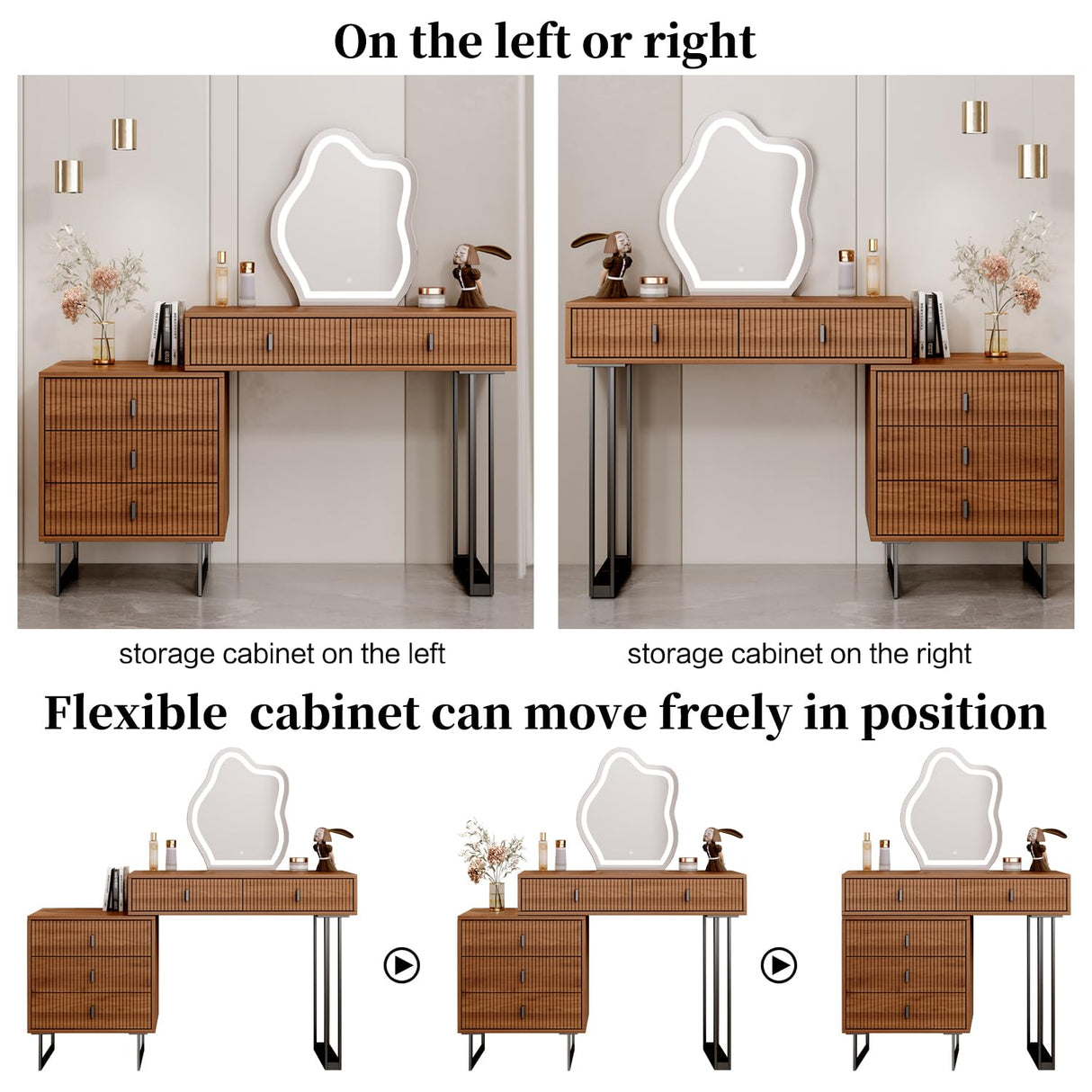 Ieejdn Vanity Desk with Mirror and Lights,Small Makeup Vanity with 5 Large Drawer, Makeup Desk with 3 Color Lighting Modes Adjustable Brightness,Dressing Table for Bedroom,Brown Ieejdn