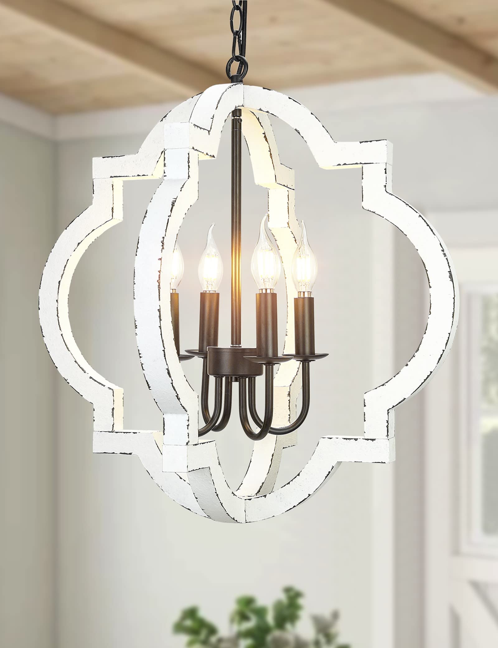 21.7" Farmhouse Wood Chandelier Light Fixture, 4-Light Handmade Distressed White Geometric Hanging Pendant Lighting for Dining Room, Kitchen Island, Entryway, stairwell (Colour: White) - WoodArtSupply