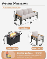 Aoxun Aluminum Outdoor Patio Furniture Set, 6-Piece Outdoor Sectional with 44'' Propane Gas Firepit Table, Patio Conversation Sets with Upgraded Armrests and Cushions for Backyard (Grey,5 Seats) Aoxun