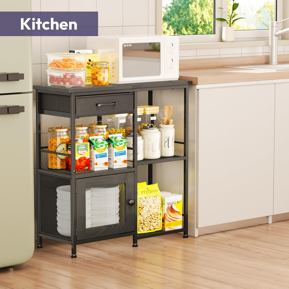 SWTYMIKI Coffee Bar Cabinet for Home - Farmhouse Coffee Stand Station Multi-Purpose Storage Cabinet with Adjustable Feet, Drawers - Kitchen Bar Table for Living Room, Corner, Small Space, Black SWTYMIKI