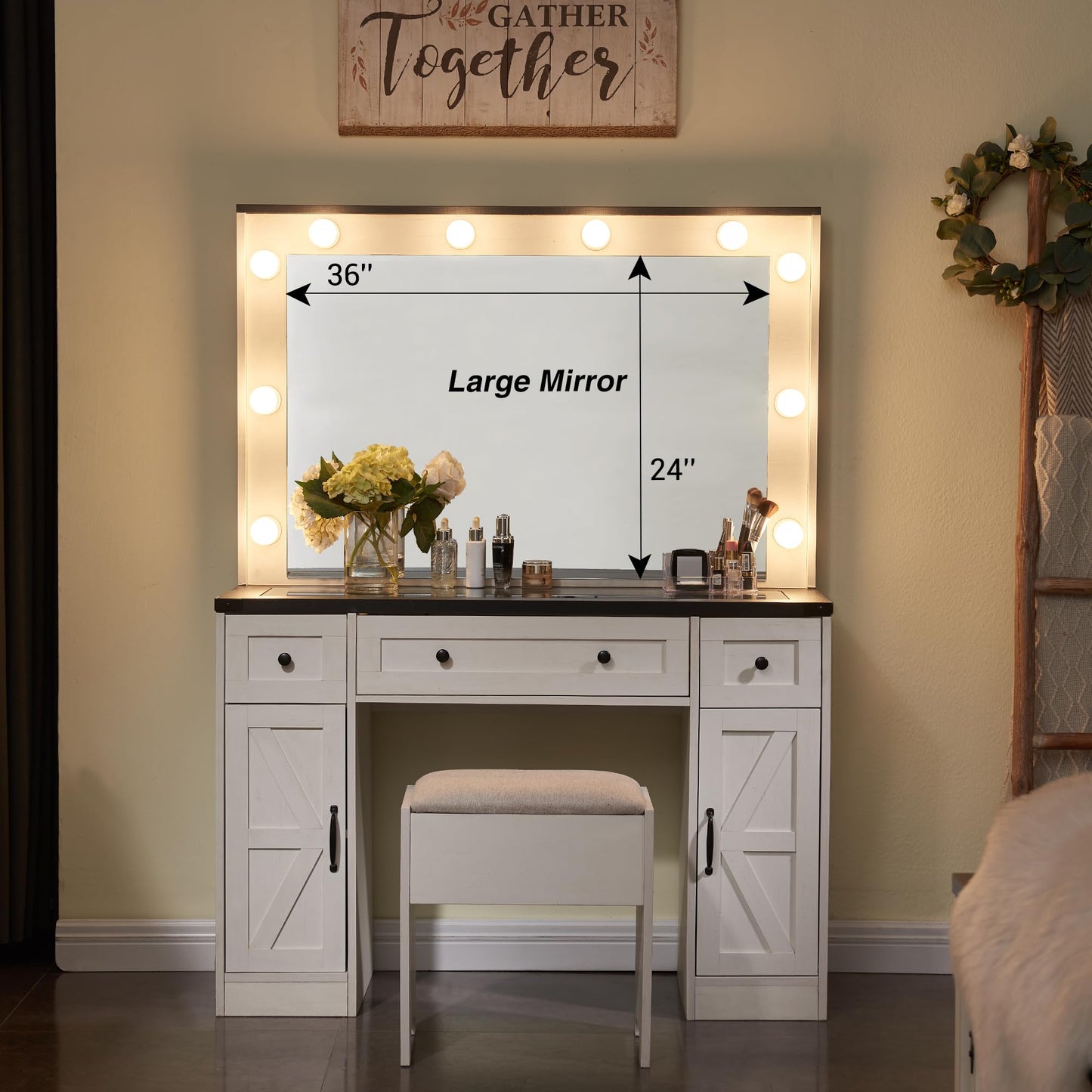 JXQTLINGMU 43" Makeup Vanity Desk with Mirror and Lights, Farmhouse Vanity Dressing Table Set with 3 Drawers & 2 Cabinets, Stool Included, Bedroom, - WoodArtSupply