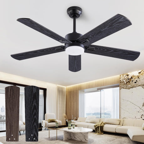 QUTWOB 52" Ceiling Fans with Light and Remote,Farmhouse 5 Blades Quiet Reversible DC Motor Ceiling Fans for Modern Indoor/Outdoor/Patio/Living Room/Bedroom(Black/Walnut) QUTWOB